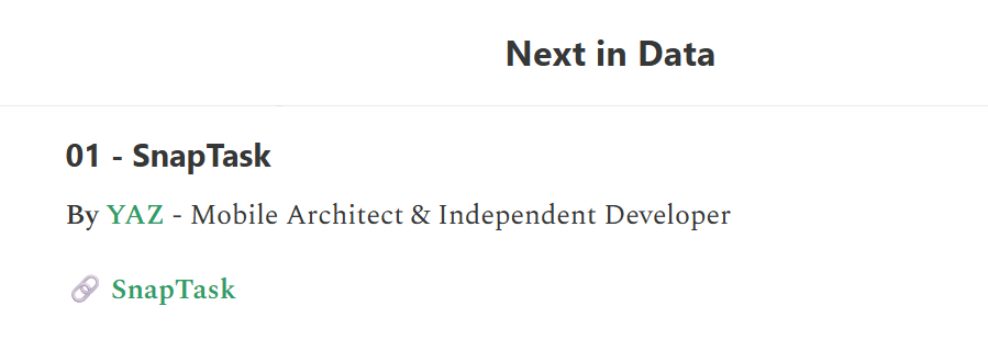 KiDataLab's Next in Data newsletter listing SnapTask as project 01 in Data Stack Roundup #1