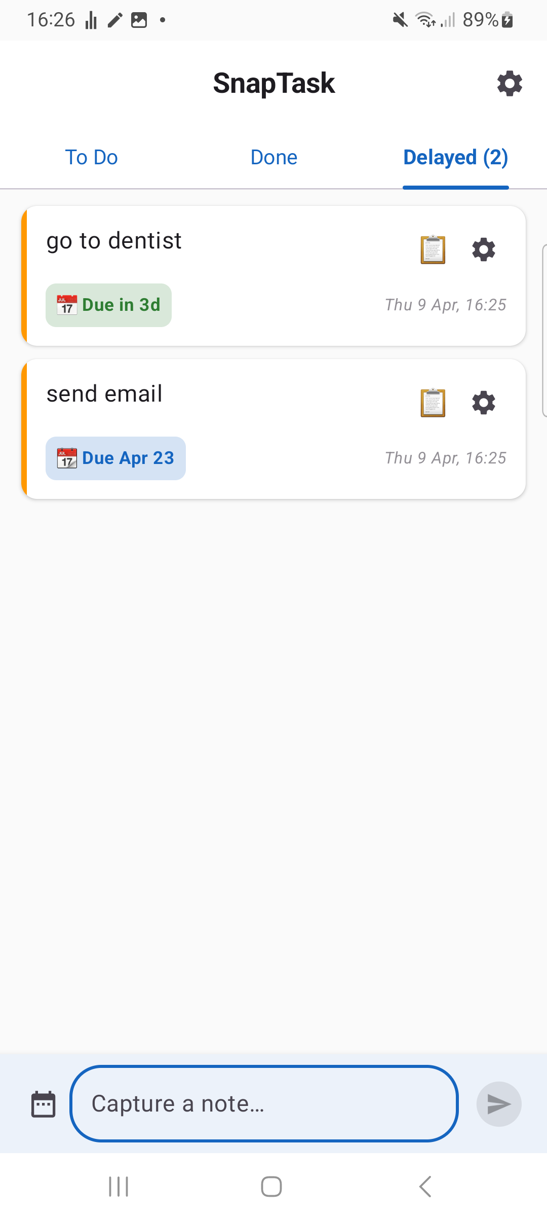 SnapTask scheduled tasks tab with reminders